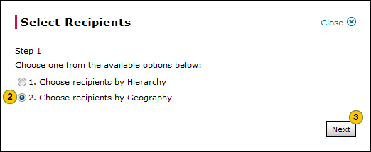 Select internal users by geography, step 1 of 3.